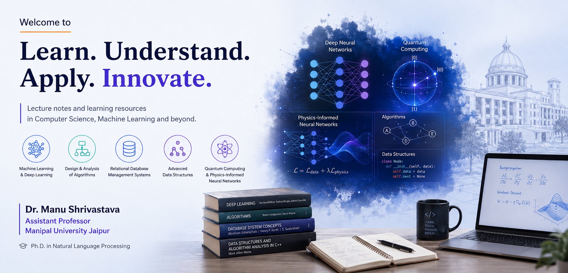 Welcome to CSE3144 Advanced Data Structures — Dr. Manu Shrivastava, Assistant Professor, Manipal University Jaipur. Learn. Understand. Apply. Innovate.